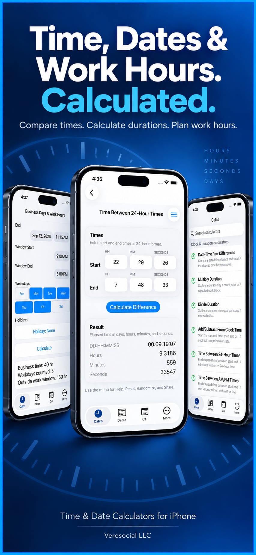 Verosocial LLC Relaunches Time & Date Work Calculator for iPhone, iPad and Apple Watch Press release image