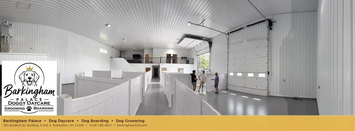 Interior view of Barkingham Palace dog daycare facility, featuring spacious kennels and high ceilings.