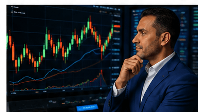 Man in blue suit observes financial graphs on large screens.