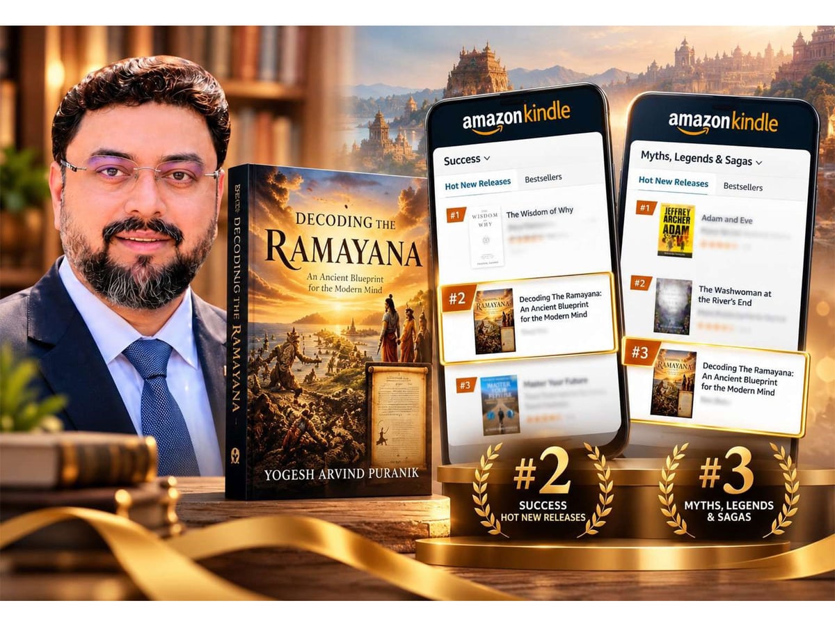 Author Yogesh Arvind Puranik along with the book Decoding The Ramayana and the Debut ranking on Amazon Kindle