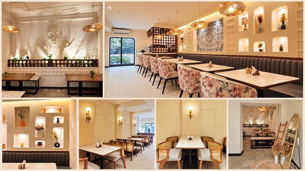 Collage showing the indoor seating, floral chairs, cane furniture and signature relief wall at The MidTown Bistro Salt Lake.