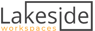 Lakeside Workspaces logo with "Lakeside" in dark gray and "workspaces" in orange below, framed by a gray box.