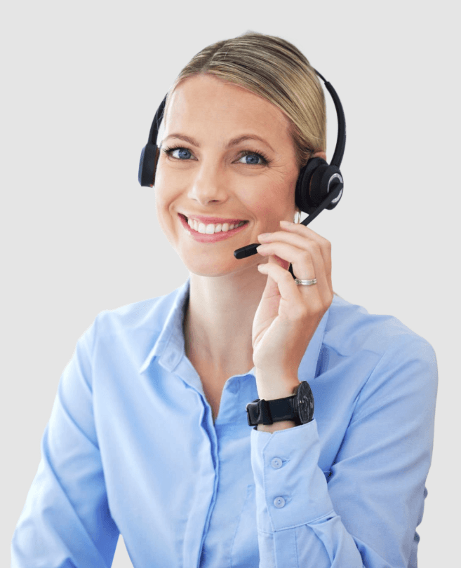 Smiling virtual receptionist wearing a headset and adjusting the microphone