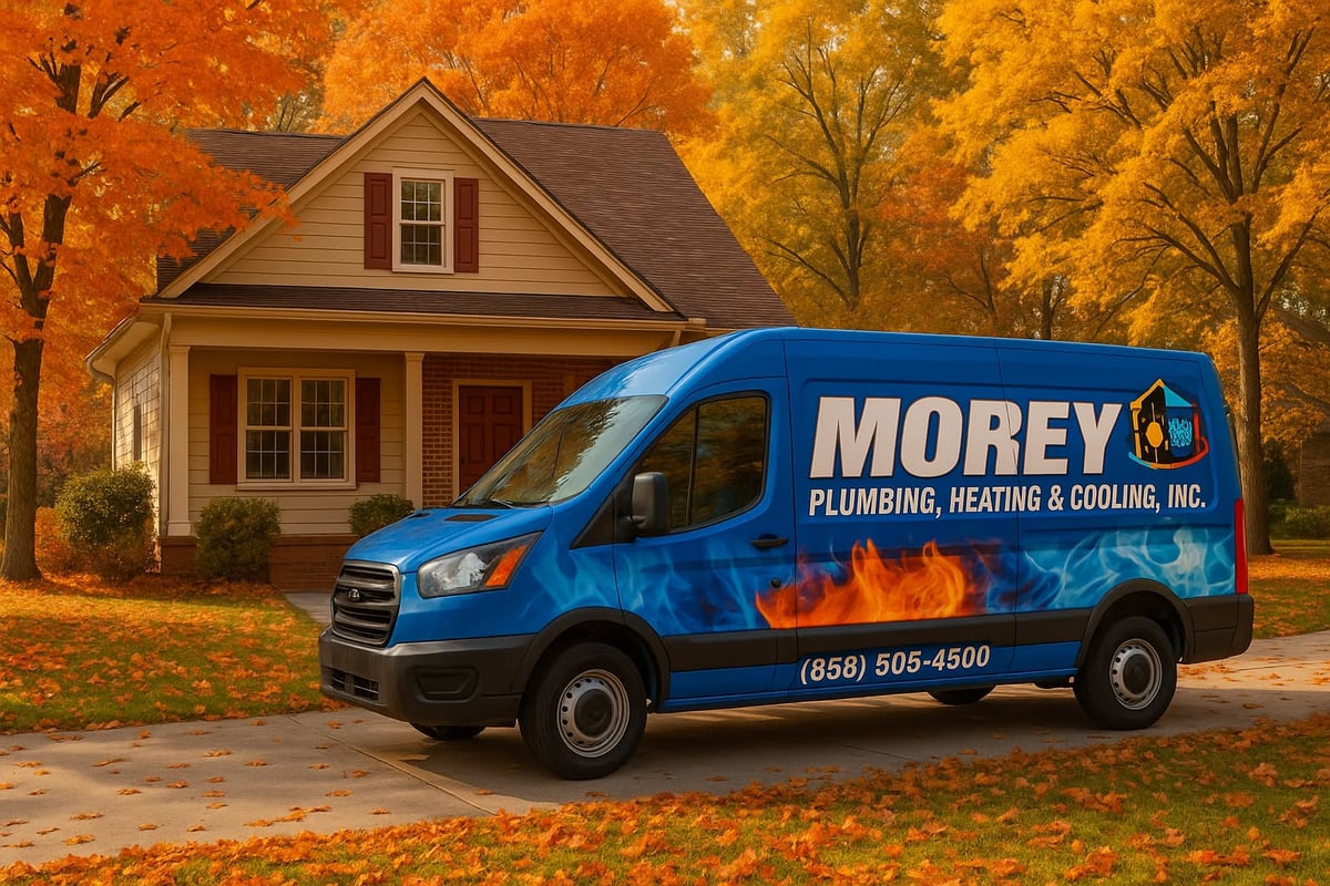 Morey Plumbing, Heating & Cooling, Inc. service van with flame graphics outside a house among autumn trees.
