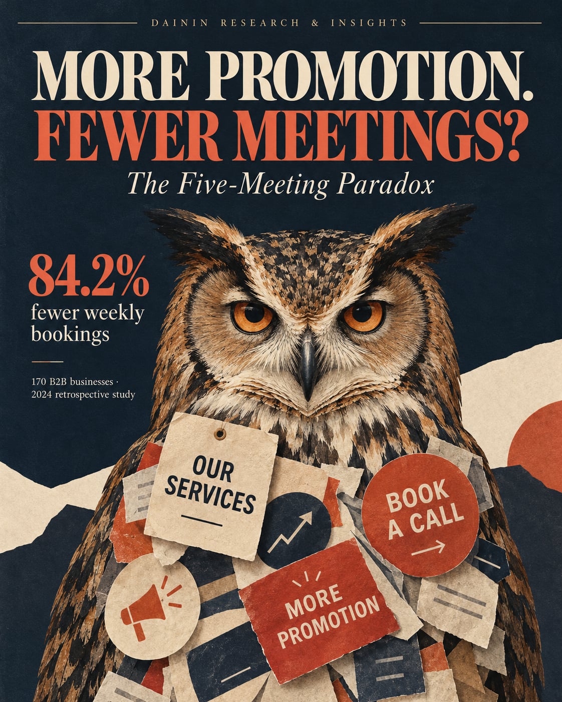 Illustrated owl obscured by sales promotions, representing Dainin's research into B2B authority and declining meeting booking