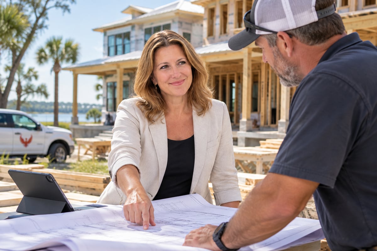 Dawn Lohr of Phoenix Distributing meeting with a custom home builder in the South Carolina Lowcountry