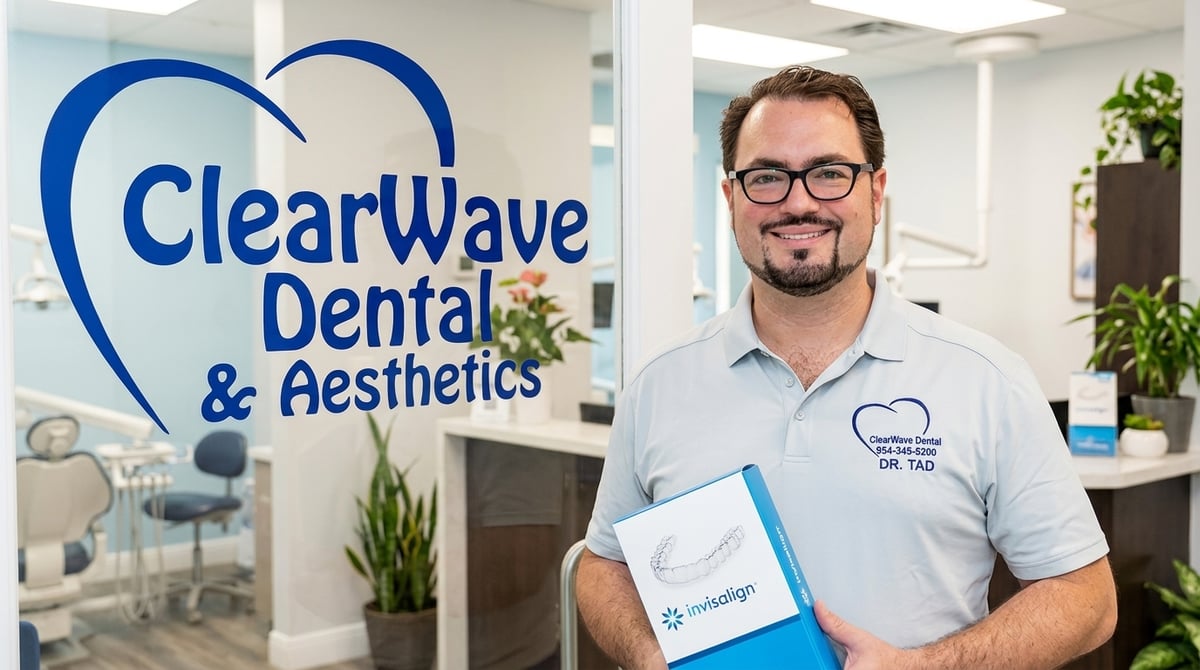 Dr. Tadeu Szpoganicz of ClearWave Dental & Aesthetics holding an Invisalign clear aligner box inside his reception.
