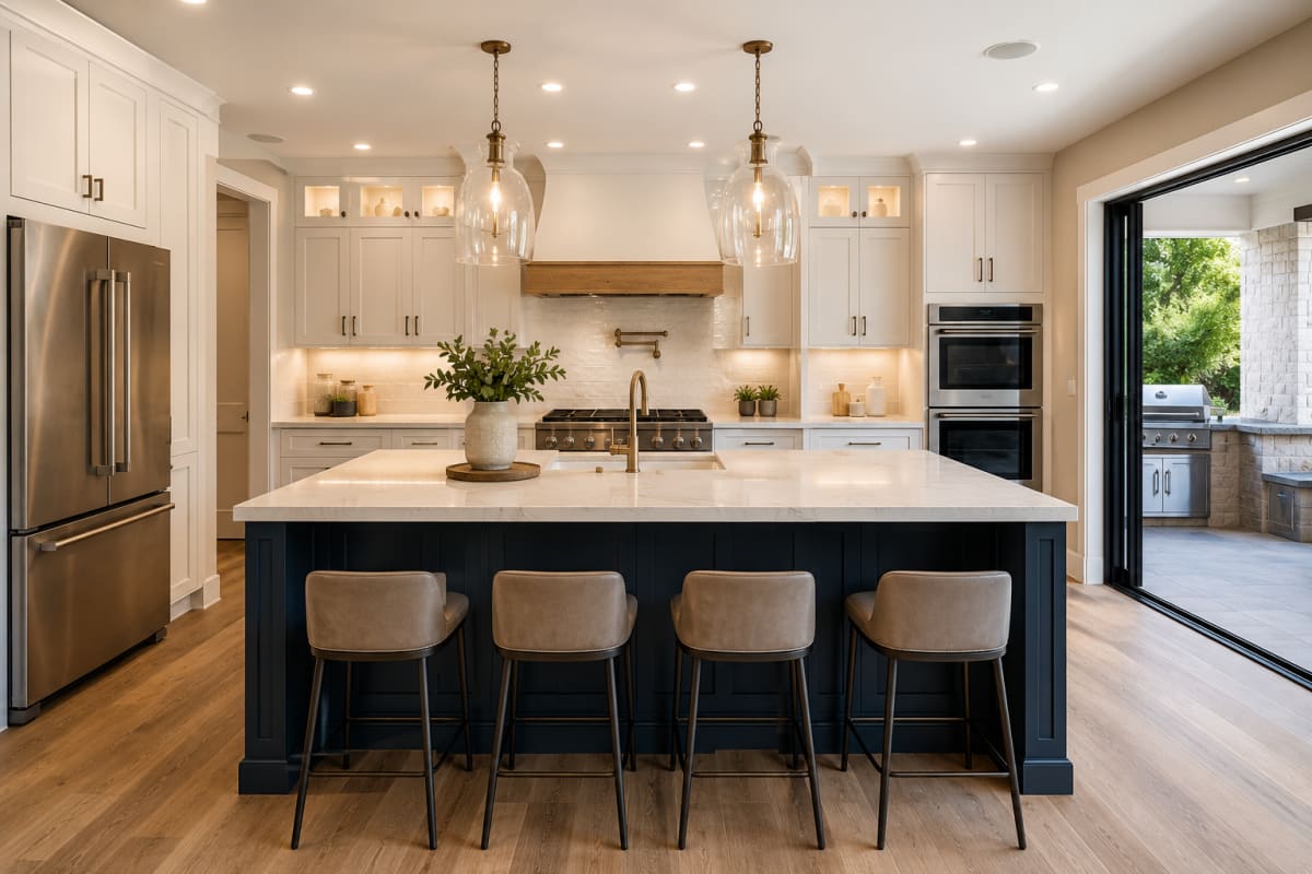Luxury kitchen remodeling by NovaCore Builders in Tampa, FL featuring custom white shaker cabinets, quartz countertops, overs