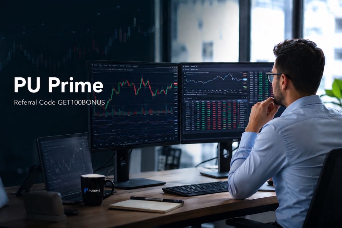 PU Prime referral code GET100BONUS with a 100% deposit bonus up to $1,000 displayed alongside a trading workstation.