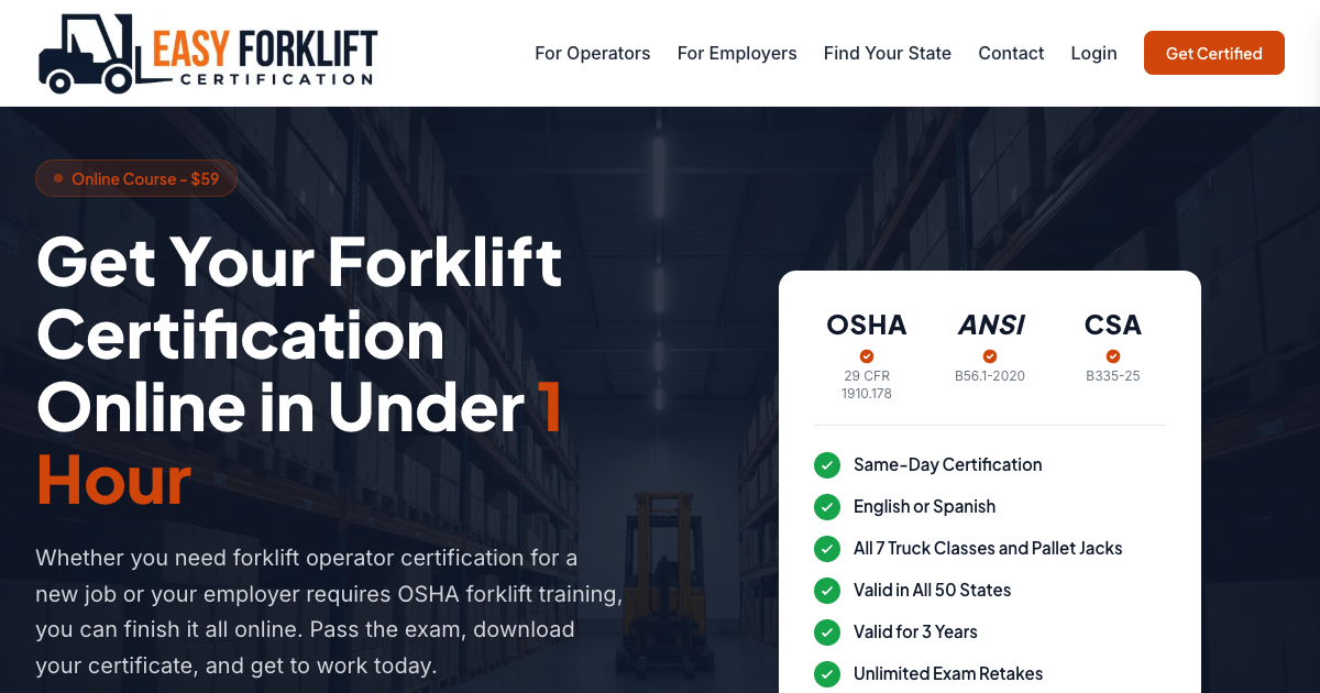 Easy Forklift Certification launches one-hour online forklift operator training in English and Spanish