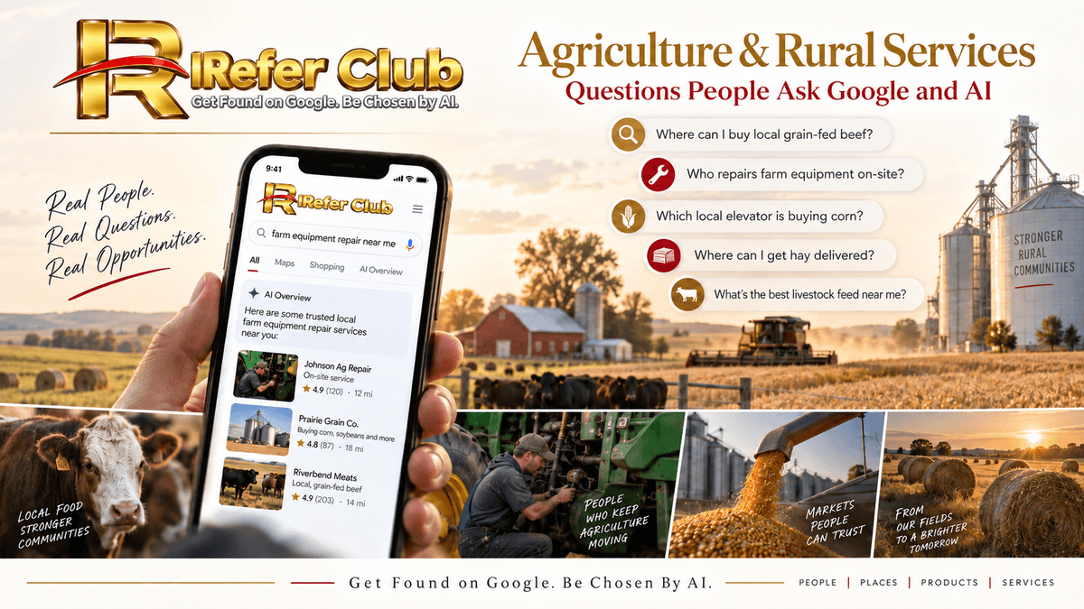 IRefer Club Agriculture & Rural Services guide showing how farmers and customers use AI search to find local farm businesses