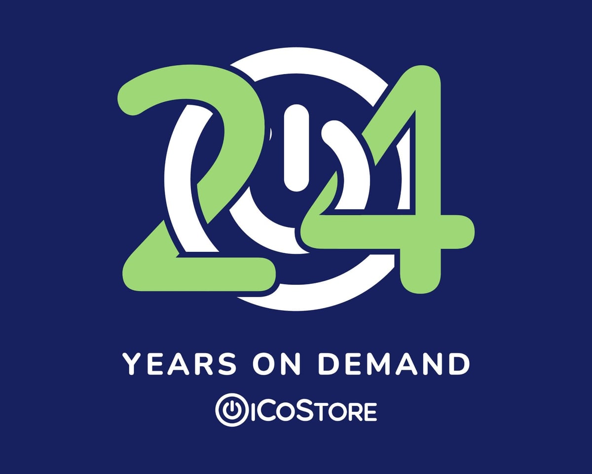 iCoStore 24 Years On Demand anniversary logo in green and white on navy, with a power button symbol in the 24