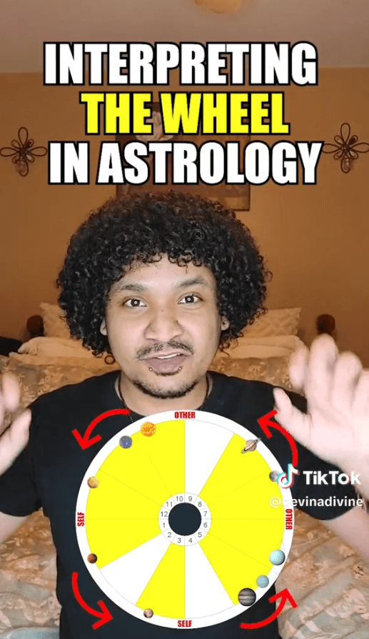 Astrologer Devin A. Divine explaining how to interpret the natal chart wheel in an educational astrology video on TikTok.