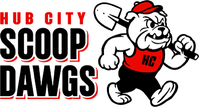 Hub City Scoop Dawgs Logo - a bulldog carrying a shovel next to the business name.