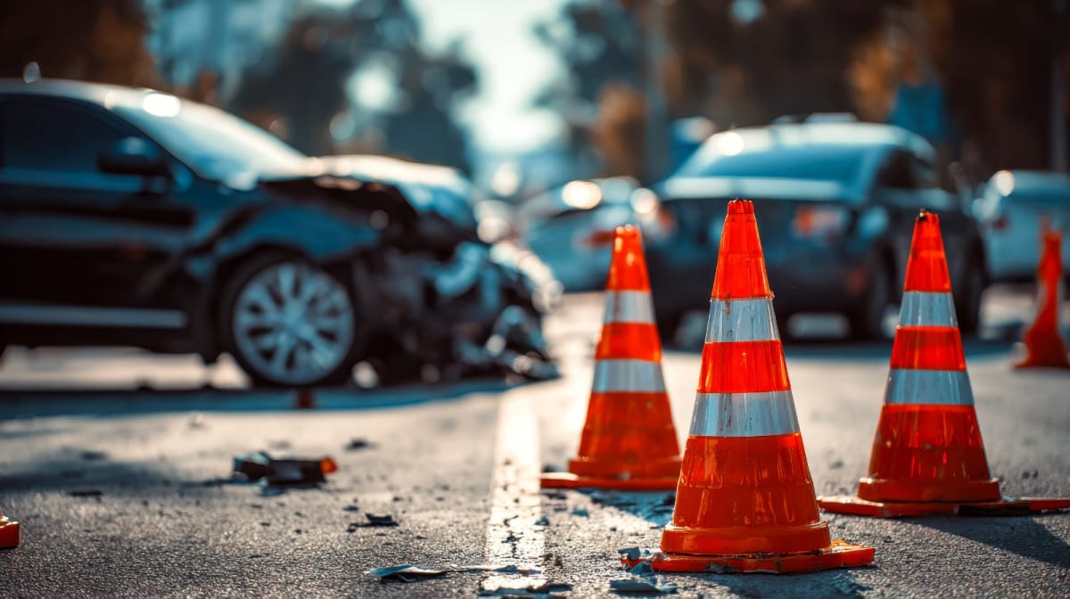 Traffic cones mark a car crash accident, showing why victims need a Des Moines car accident lawyer
