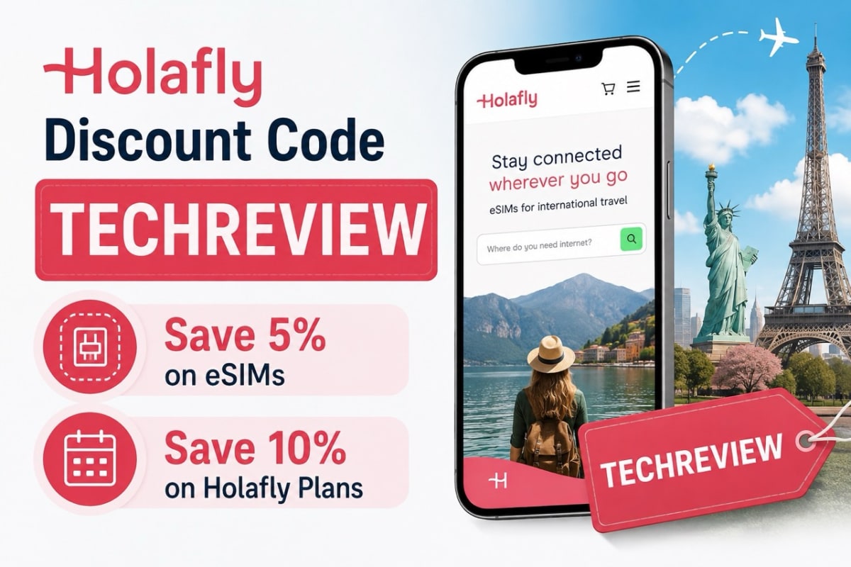 Holafly Discount Code TECHREVIEW graphic showing 5% off eSIMs and 10% off Holafly Plans for travelers worldwide.